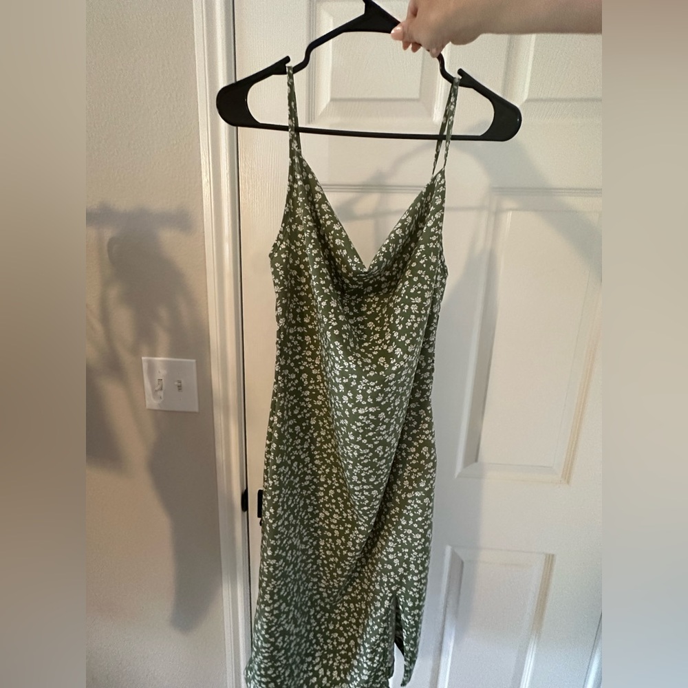 Green w/ White Flower Cowl Neck Dress w/ Thigh Slit